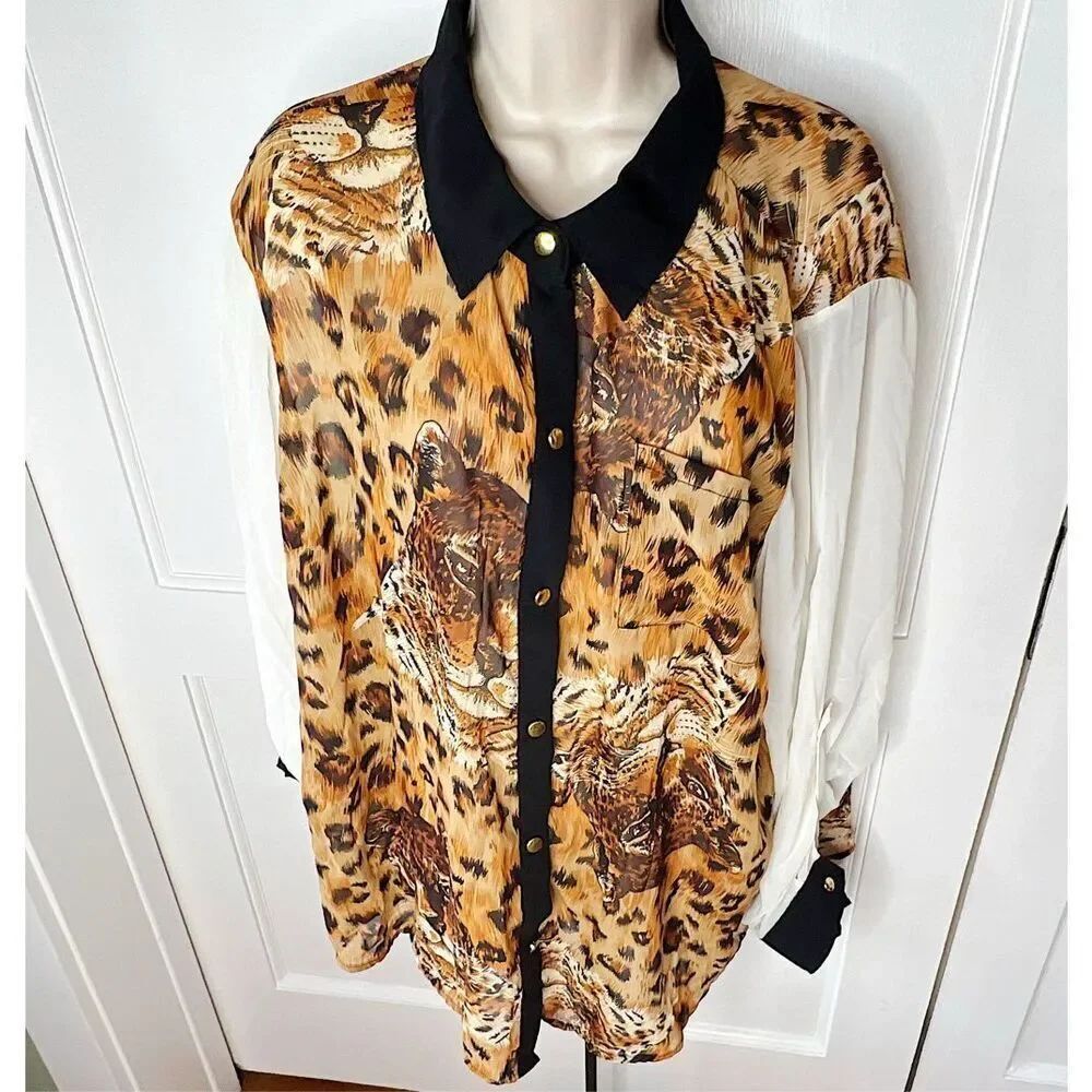 Bongo Plus Leopard Button Up Blouse plus Size 3X